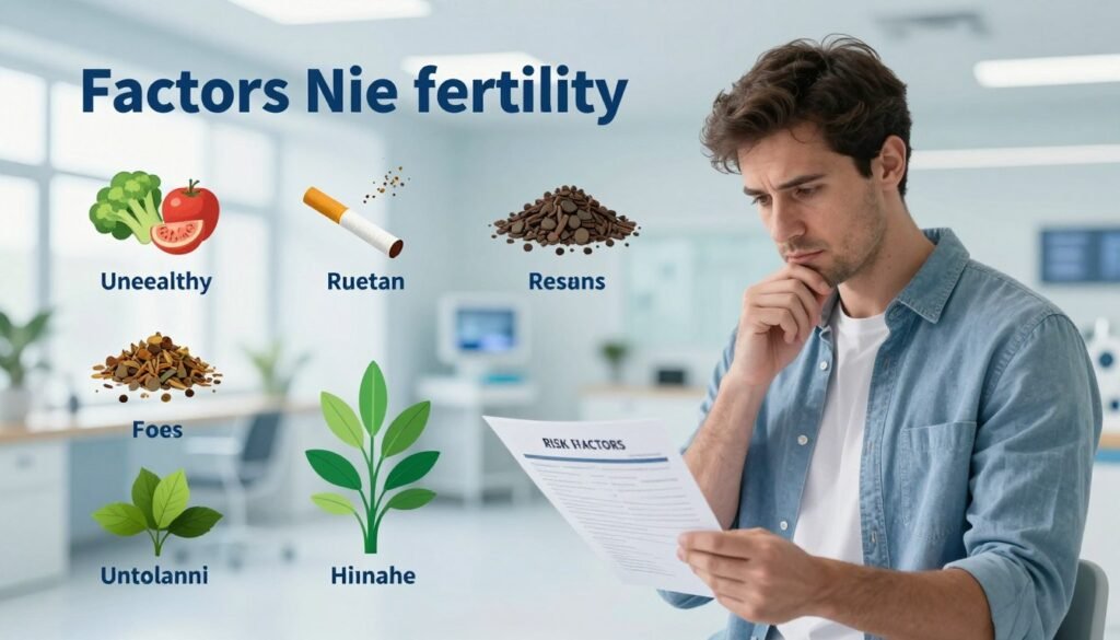 A professional medical illustration depicting factors that affect male fertility. In the foreground, a thoughtful man in modest casual clothing examines a laboratory report, symbolizing awareness and concern. The middle layer features visual representations of risk factors like unhealthy food, cigarettes, and environmental pollutants, artistically arranged around him. In the background, a bright, modern medical facility that conveys a sense of hope, with soft, natural lighting highlighting the elements. The color palette is calming, composed of blues and greens, creating a professional and informative atmosphere. The overall mood is one of education and awareness, focusing on the importance of understanding men's fertility health. A professional medical illustration depicting factors that affect male fertility. In the foreground, a thoughtful man in modest casual clothing examines a laboratory report, symbolizing awareness and concern. The middle layer features visual representations of risk factors like unhealthy food, cigarettes, and environmental pollutants, artistically arranged around him. In the background, a bright, modern medical facility that conveys a sense of hope, with soft, natural lighting highlighting the elements. The color palette is calming, composed of blues and greens, creating a professional and informative atmosphere. The overall mood is one of education and awareness, focusing on the importance of understanding men's fertility health.