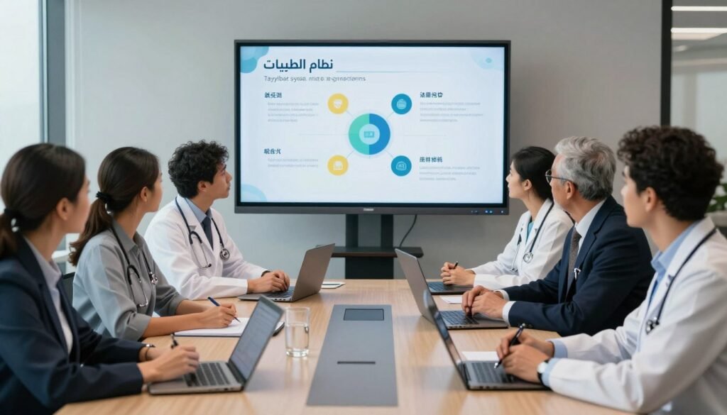 A professional meeting scene set in a modern office. In the foreground, a diverse group of healthcare professionals, dressed in business attire, are engaged in a serious discussion about dietary guidelines for diabetes management. Some are using tablets and laptops, while others are taking notes. In the middle, a large digital screen displays an infographic with key points about the "نظام الطيبات" (Tayyibat system) for diabetes patients. The background features a sleek office environment with large windows allowing natural light to illuminate the space, creating a focused and professional atmosphere. The overall mood is analytical and constructive, emphasizing evidence-based discourse on the subject. A professional meeting scene set in a modern office. In the foreground, a diverse group of healthcare professionals, dressed in business attire, are engaged in a serious discussion about dietary guidelines for diabetes management. Some are using tablets and laptops, while others are taking notes. In the middle, a large digital screen displays an infographic with key points about the "نظام الطيبات" (Tayyibat system) for diabetes patients. The background features a sleek office environment with large windows allowing natural light to illuminate the space, creating a focused and professional atmosphere. The overall mood is analytical and constructive, emphasizing evidence-based discourse on the subject.