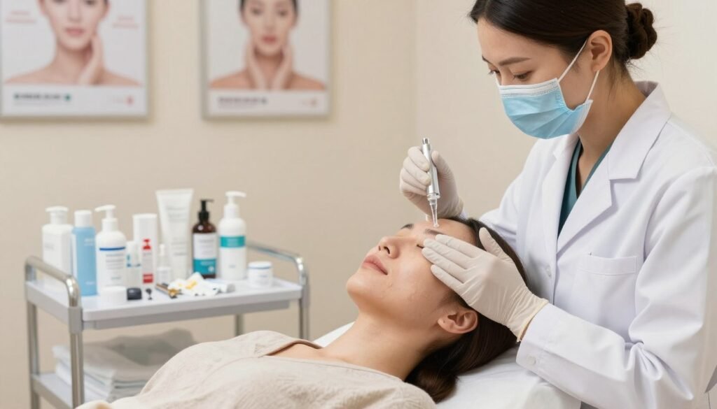 A professional skincare clinic setting showcasing a chemical peeling treatment. In the foreground, a dermatologist, wearing a white lab coat and protective gloves, carefully applies a translucent chemical solution to a client's face. The client, a woman in modest casual attire, has a serene expression, symbolizing relaxation and trust. In the middle ground, there's an array of skincare products and tools neatly organized on a sterile counter, emphasizing professionalism. The background features soft-focus medical posters about skincare benefits, with warm, diffused lighting creating a calm and inviting atmosphere. The image captures a sense of expertise and care, representing the essence of chemical peeling treatments in a clinical environment. A professional skincare clinic setting showcasing a chemical peeling treatment. In the foreground, a dermatologist, wearing a white lab coat and protective gloves, carefully applies a translucent chemical solution to a client's face. The client, a woman in modest casual attire, has a serene expression, symbolizing relaxation and trust. In the middle ground, there's an array of skincare products and tools neatly organized on a sterile counter, emphasizing professionalism. The background features soft-focus medical posters about skincare benefits, with warm, diffused lighting creating a calm and inviting atmosphere. The image captures a sense of expertise and care, representing the essence of chemical peeling treatments in a clinical environment.