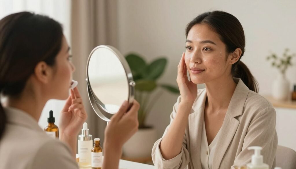 A serene and balanced skincare scene showcasing mixed skin types. In the foreground, an elegant, ethnically diverse woman with a glowing complexion examines her face in a mirror, dressed in professional attire. Her features highlight the contrasts of mixed skin, showcasing areas of both oiliness and dryness. The middle ground features a vanity table adorned with various skincare products, including moisturizers, serums, and facial masks specially formulated for combination skin. In the background, a calming, softly lit room with plants and soft textures sets a tranquil atmosphere. The lighting is warm and inviting, creating a sense of harmony and care in the environment. The overall mood reflects empowerment and balanced self-care, emphasizing the challenges and solutions for mixed skin. A serene and balanced skincare scene showcasing mixed skin types. In the foreground, an elegant, ethnically diverse woman with a glowing complexion examines her face in a mirror, dressed in professional attire. Her features highlight the contrasts of mixed skin, showcasing areas of both oiliness and dryness. The middle ground features a vanity table adorned with various skincare products, including moisturizers, serums, and facial masks specially formulated for combination skin. In the background, a calming, softly lit room with plants and soft textures sets a tranquil atmosphere. The lighting is warm and inviting, creating a sense of harmony and care in the environment. The overall mood reflects empowerment and balanced self-care, emphasizing the challenges and solutions for mixed skin.