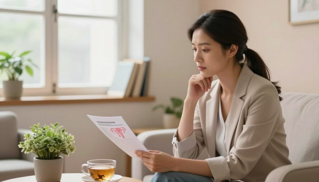 A serene and contemplative scene depicting a woman in her late 30s, sitting thoughtfully in a warmly lit, cozy consultation room. She is dressed in professional business attire, looking at a chart of female reproductive health on a nearby table. In the background, a large window lets in soft, natural light, illuminating houseplants and medical books that convey a sense of hope and knowledge. On the walls, soft pastel colors create a calming atmosphere. The foreground features a small plant and a cup of herbal tea, adding warmth. The mood is reflective, emphasizing a journey of understanding fertility challenges. The focus should be on the woman’s expression, embodying determination and contemplation, with an overall soft-focus feel and a gentle depth of field to pull the viewer into her experience.