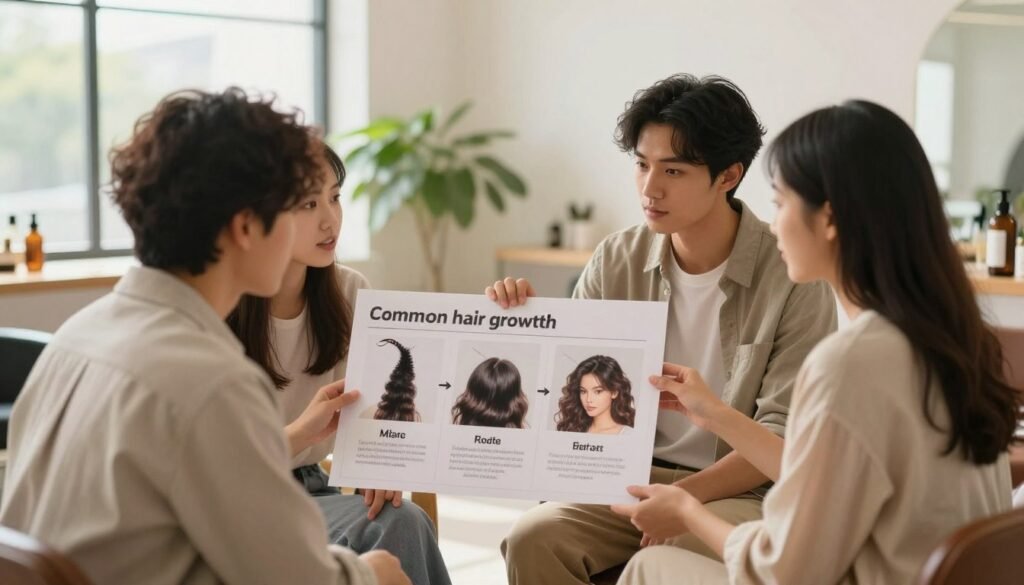 A serene and informative scene depicting common hair growth myths being dispelled. In the foreground, a diverse group of three individuals, dressed in stylish yet modest casual clothing, are engaged in a discussion. They are examining a visual chart showing hair growth misconceptions, such as using shampoo to thicken hair and the role of diet. In the middle ground, soft-focused images of hair products and natural hair remedies illustrate the points being discussed. The background features a warm, inviting salon setting, with plants and light streaming through large windows, creating a sense of openness and clarity. The lighting is soft and natural, evoking a relaxed yet enlightening atmosphere. The overall mood is collaborative and educational, emphasizing the importance of debunking myths about hair thickening. A serene and informative scene depicting common hair growth myths being dispelled. In the foreground, a diverse group of three individuals, dressed in stylish yet modest casual clothing, are engaged in a discussion. They are examining a visual chart showing hair growth misconceptions, such as using shampoo to thicken hair and the role of diet. In the middle ground, soft-focused images of hair products and natural hair remedies illustrate the points being discussed. The background features a warm, inviting salon setting, with plants and light streaming through large windows, creating a sense of openness and clarity. The lighting is soft and natural, evoking a relaxed yet enlightening atmosphere. The overall mood is collaborative and educational, emphasizing the importance of debunking myths about hair thickening.