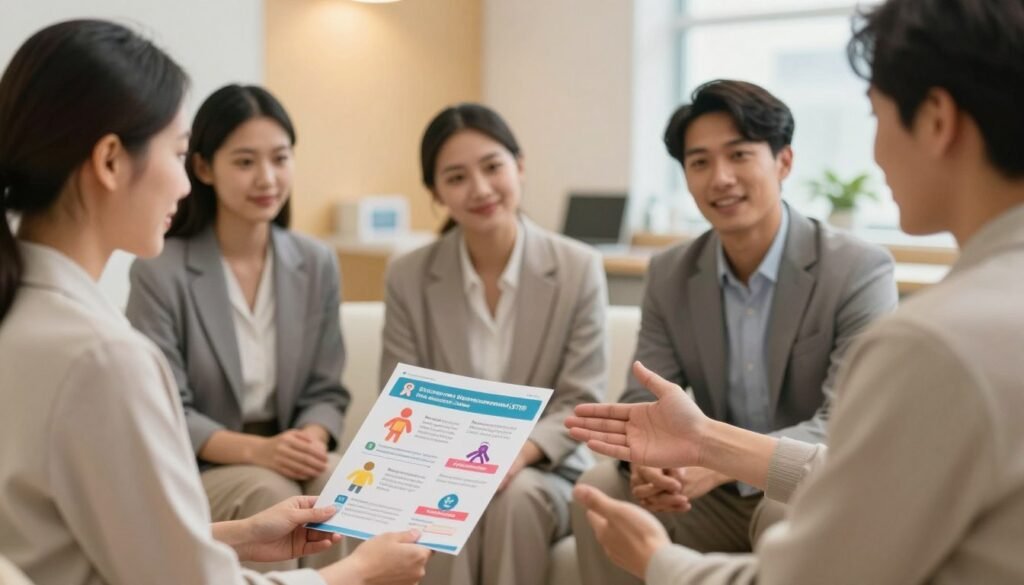 A serene and informative scene depicting health tips for living with sexually transmitted infections (STIs). In the foreground, a diverse group of individuals (dressed in professional business attire) are engaged in a supportive discussion, with one person gesturing towards a colorful pamphlet featuring tips. The middle area features a clear visual representation of the pamphlet's contents: simple, easy-to-understand infographics, such as practicing safe sex, regular testing, and open communication. In the background, a warm and inviting clinic environment is visible, with soft lighting illuminating the space, highlighting a sense of safety and support. The overall mood is positive and encouraging, aiming to educate and empower those affected by STIs. The angle captures the camaraderie among the individuals, promoting a sense of community and shared knowledge. A serene and informative scene depicting health tips for living with sexually transmitted infections (STIs). In the foreground, a diverse group of individuals (dressed in professional business attire) are engaged in a supportive discussion, with one person gesturing towards a colorful pamphlet featuring tips. The middle area features a clear visual representation of the pamphlet's contents: simple, easy-to-understand infographics, such as practicing safe sex, regular testing, and open communication. In the background, a warm and inviting clinic environment is visible, with soft lighting illuminating the space, highlighting a sense of safety and support. The overall mood is positive and encouraging, aiming to educate and empower those affected by STIs. The angle captures the camaraderie among the individuals, promoting a sense of community and shared knowledge.