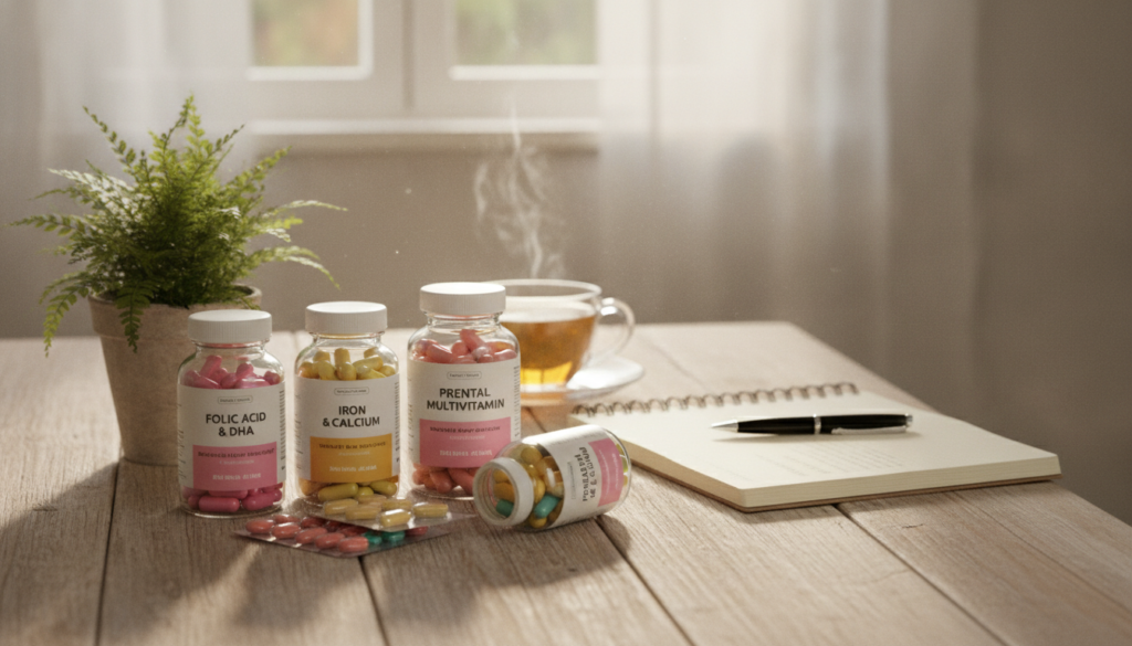 A serene and informative scene depicting prenatal vitamins arranged aesthetically on a wooden table. In the foreground, a variety of colorful vitamin bottles, each with distinct labels showcasing key ingredients like folic acid and iron. Beside the bottles, a green leafy plant adds a touch of natural life. In the middle, a soft, open notebook with a pen lies nearby, suggesting a woman’s thoughtful planning. The background features a softly blurred sunlight streaming through a window, creating a warm and inviting atmosphere. The overall mood should convey health, care, and preparation for motherhood, captured with soft, natural lighting to emphasize warmth and positivity. A serene and informative scene depicting prenatal vitamins arranged aesthetically on a wooden table. In the foreground, a variety of colorful vitamin bottles, each with distinct labels showcasing key ingredients like folic acid and iron. Beside the bottles, a green leafy plant adds a touch of natural life. In the middle, a soft, open notebook with a pen lies nearby, suggesting a woman’s thoughtful planning. The background features a softly blurred sunlight streaming through a window, creating a warm and inviting atmosphere. The overall mood should convey health, care, and preparation for motherhood, captured with soft, natural lighting to emphasize warmth and positivity.