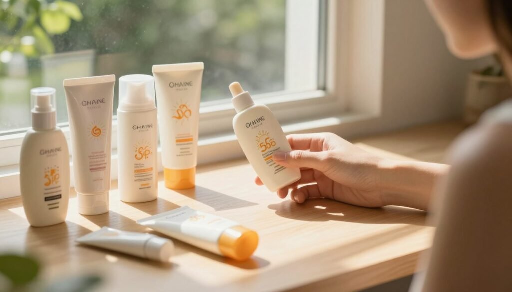 A serene and informative scene showcasing various features of sunscreen products and their benefits. In the foreground, a neatly arranged table displays several sunscreen bottles with labels highlighting added features like SPF levels, water resistance, and antioxidants. In the middle, a hand gently holds a bottle while a sunlit window illuminates the table, creating a warm, inviting atmosphere. In the background, soft-focus greenery symbolizes outdoor activities, enhancing the connection to sun protection. The overall mood is educational and calm, with a focus on self-care and skin health. Use natural lighting to convey warmth and optimism, captured with a slight top-down angle to emphasize the product details without any text or branding visible. A serene and informative scene showcasing various features of sunscreen products and their benefits. In the foreground, a neatly arranged table displays several sunscreen bottles with labels highlighting added features like SPF levels, water resistance, and antioxidants. In the middle, a hand gently holds a bottle while a sunlit window illuminates the table, creating a warm, inviting atmosphere. In the background, soft-focus greenery symbolizes outdoor activities, enhancing the connection to sun protection. The overall mood is educational and calm, with a focus on self-care and skin health. Use natural lighting to convey warmth and optimism, captured with a slight top-down angle to emphasize the product details without any text or branding visible.