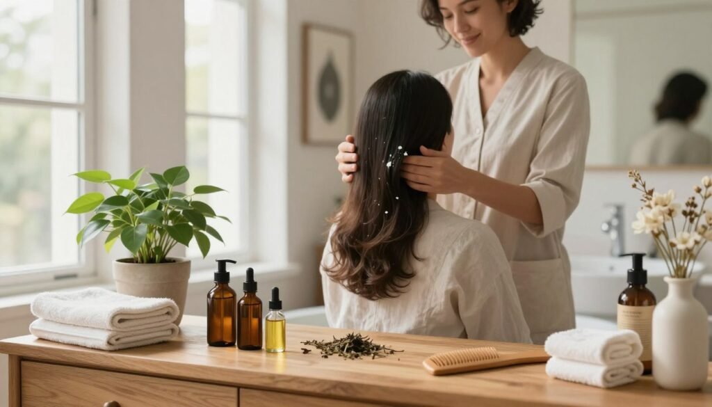 A serene and inviting bathroom scene dedicated to hair care. In the foreground, an elegant wooden vanity displays natural hair care products: small glass bottles of oils, dried herbs, and a wooden comb. A neatly folded towel rests beside a lush potted plant, symbolizing vitality. In the middle, a well-groomed person, dressed in a casual yet professional outfit, is applying a nourishing hair mask, showing a gentle smile. Soft natural light streams in through a large window, highlighting the warm, neutral colors of the decor. The background features soothing wall art related to hair growth, and delicate, fresh flowers in a vase add a touch of freshness. The atmosphere is calm, emphasizing a daily hair care routine for growth and thickness. A serene and inviting bathroom scene dedicated to hair care. In the foreground, an elegant wooden vanity displays natural hair care products: small glass bottles of oils, dried herbs, and a wooden comb. A neatly folded towel rests beside a lush potted plant, symbolizing vitality. In the middle, a well-groomed person, dressed in a casual yet professional outfit, is applying a nourishing hair mask, showing a gentle smile. Soft natural light streams in through a large window, highlighting the warm, neutral colors of the decor. The background features soothing wall art related to hair growth, and delicate, fresh flowers in a vase add a touch of freshness. The atmosphere is calm, emphasizing a daily hair care routine for growth and thickness.