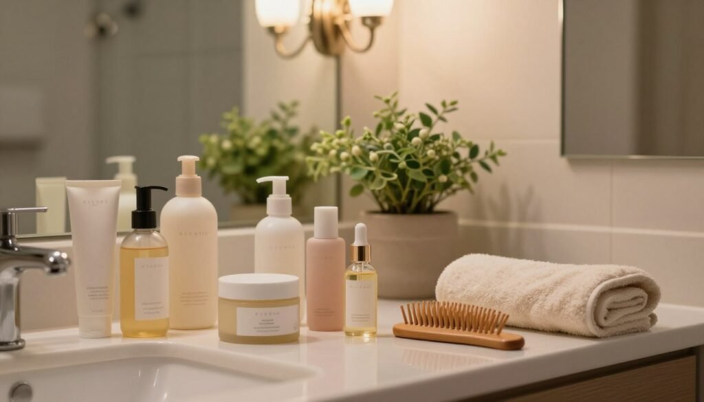 A serene and inviting bathroom setting, showcasing a well-lit countertop with an array of skincare products specifically designed for dry skin. In the foreground, elegantly arranged bottles of moisturizer, hydrating serums, and natural oils reflect calming tones of beige and pastel colors. A plush, soft towel and a wooden comb lay next to the products, symbolizing daily skincare rituals. The middle ground features a delicate, blooming potted plant, adding a touch of freshness and vitality. In the background, a large mirror reflects the softly glowing light from an ornate fixture above. The overall atmosphere is soothing and nurturing, conveying the essence of daily care for dry skin, with warm, gentle lighting casting a tranquil ambiance. The angle captures both the beauty of the products and the inviting space, promoting a sense of comfort and self-care. A serene and inviting bathroom setting, showcasing a well-lit countertop with an array of skincare products specifically designed for dry skin. In the foreground, elegantly arranged bottles of moisturizer, hydrating serums, and natural oils reflect calming tones of beige and pastel colors. A plush, soft towel and a wooden comb lay next to the products, symbolizing daily skincare rituals. The middle ground features a delicate, blooming potted plant, adding a touch of freshness and vitality. In the background, a large mirror reflects the softly glowing light from an ornate fixture above. The overall atmosphere is soothing and nurturing, conveying the essence of daily care for dry skin, with warm, gentle lighting casting a tranquil ambiance. The angle captures both the beauty of the products and the inviting space, promoting a sense of comfort and self-care.