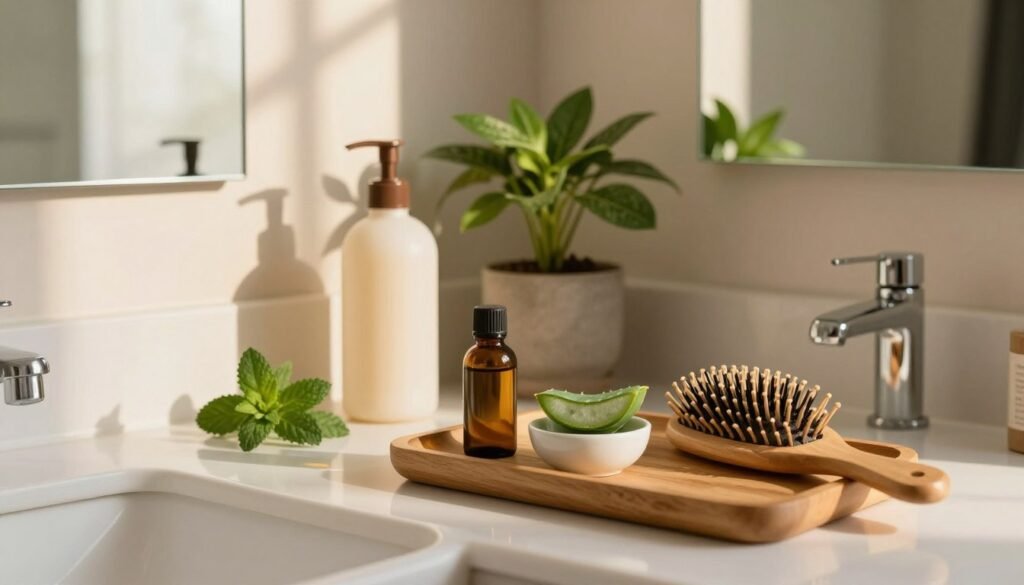 A serene and inviting interior scene showcasing a modern bathroom countertop adorned with natural hair care products and tools designed for treating hair thinning. In the foreground, a wooden tray holds various items: essential oils like rosemary and peppermint, a small bowl of aloe vera, and a hairbrush with natural bristles. The middle ground features an elegant potted plant, symbolizing growth and vitality. Soft, warm lighting from a window casts gentle shadows, enhancing the serene atmosphere. The background displays a mirror reflecting the products, creating depth. The overall mood is soothing and hopeful, resonating with the theme of daily tips for improving hair density and health, emphasizing a holistic approach to hair care. A serene and inviting interior scene showcasing a modern bathroom countertop adorned with natural hair care products and tools designed for treating hair thinning. In the foreground, a wooden tray holds various items: essential oils like rosemary and peppermint, a small bowl of aloe vera, and a hairbrush with natural bristles. The middle ground features an elegant potted plant, symbolizing growth and vitality. Soft, warm lighting from a window casts gentle shadows, enhancing the serene atmosphere. The background displays a mirror reflecting the products, creating depth. The overall mood is soothing and hopeful, resonating with the theme of daily tips for improving hair density and health, emphasizing a holistic approach to hair care.