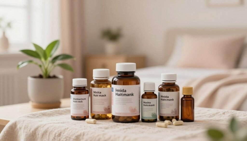 A serene and inviting scene depicting a collection of natural and medical vitamins specifically designed for postpartum hair loss. In the foreground, a stylish, neatly arranged assortment of vitamin bottles and herbal supplements sits on a soft, light-colored cloth, with a few capsules scattered around. The middle ground features a calm, nurturing environment, with a potted plant symbolizing growth and renewal. In the background, a softly lit, airy room with a gentle pastel color scheme enhances the soothing atmosphere. The lighting is warm and diffused, creating a peaceful vibe. The overall mood conveys hope, recovery, and the natural beauty of motherhood, presenting vitamins as a supportive solution for new mothers experiencing hair loss. A serene and inviting scene depicting a collection of natural and medical vitamins specifically designed for postpartum hair loss. In the foreground, a stylish, neatly arranged assortment of vitamin bottles and herbal supplements sits on a soft, light-colored cloth, with a few capsules scattered around. The middle ground features a calm, nurturing environment, with a potted plant symbolizing growth and renewal. In the background, a softly lit, airy room with a gentle pastel color scheme enhances the soothing atmosphere. The lighting is warm and diffused, creating a peaceful vibe. The overall mood conveys hope, recovery, and the natural beauty of motherhood, presenting vitamins as a supportive solution for new mothers experiencing hair loss.