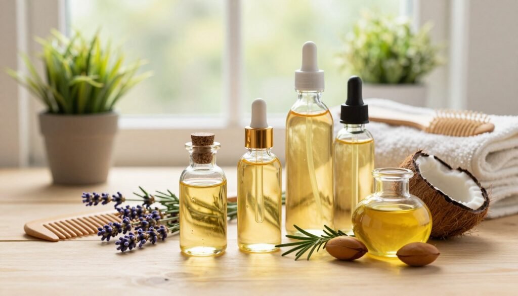 A serene and inviting scene showcasing a collection of the best natural oils for treating frizzy hair. In the foreground, elegantly arranged glass bottles filled with golden oils such as argan, coconut, and jojoba, adorned with fresh herbs and flowers like lavender and rosemary. The middle ground features a wooden table with hair care accessories, such as a wide-tooth comb and a soft towel, alongside a small, vibrant potted plant to add a touch of greenery. In the background, soft, diffused natural light filtering through a window creates a warm, cozy atmosphere. The overall mood should be calming and luxurious, reflecting the theme of self-care and natural beauty. No text, overlays, or additional distractions in the image. A serene and inviting scene showcasing a collection of the best natural oils for treating frizzy hair. In the foreground, elegantly arranged glass bottles filled with golden oils such as argan, coconut, and jojoba, adorned with fresh herbs and flowers like lavender and rosemary. The middle ground features a wooden table with hair care accessories, such as a wide-tooth comb and a soft towel, alongside a small, vibrant potted plant to add a touch of greenery. In the background, soft, diffused natural light filtering through a window creates a warm, cozy atmosphere. The overall mood should be calming and luxurious, reflecting the theme of self-care and natural beauty. No text, overlays, or additional distractions in the image.