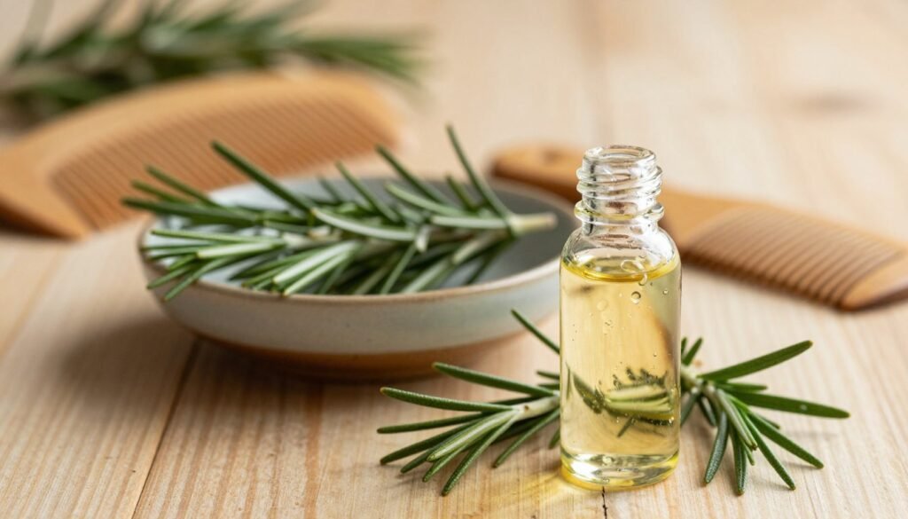 A serene and inviting scene showcasing rosemary essential oil for hair care. In the foreground, a clear glass bottle of rosemary oil with a dropper, elegantly positioned beside fresh rosemary sprigs. Delicate droplets of oil glisten on the bottle, reflecting natural light. In the middle ground, a small ceramic dish filled with rosemary leaves and a wooden comb, subtly hinting at hair care usage. In the background, a softly blurred wooden table surface, evoking a natural and rustic atmosphere. Warm, gentle lighting creates a calming mood, enhancing the earthy tones of the rosemary and the clear oil. A tranquil and nurturing environment emphasizes the effectiveness and safety of using rosemary oil for hair. A serene and inviting scene showcasing rosemary essential oil for hair care. In the foreground, a clear glass bottle of rosemary oil with a dropper, elegantly positioned beside fresh rosemary sprigs. Delicate droplets of oil glisten on the bottle, reflecting natural light. In the middle ground, a small ceramic dish filled with rosemary leaves and a wooden comb, subtly hinting at hair care usage. In the background, a softly blurred wooden table surface, evoking a natural and rustic atmosphere. Warm, gentle lighting creates a calming mood, enhancing the earthy tones of the rosemary and the clear oil. A tranquil and nurturing environment emphasizes the effectiveness and safety of using rosemary oil for hair.