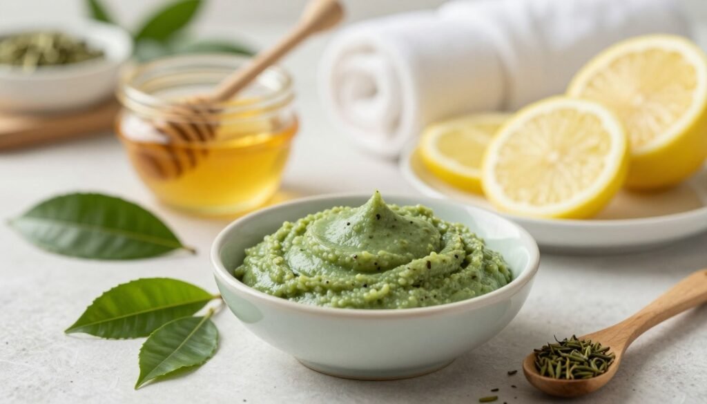 A serene and inviting setting featuring a green tea face mask designed for combating pigmentation and dark spots. In the foreground, a delicate ceramic bowl filled with a vibrant green paste is surrounded by fresh green tea leaves and a few natural skin care tools. In the middle, an elegantly arranged table displays natural ingredients like honey and lemon slices, enhancing the theme of natural beauty. The background features soft-focus elements of a peaceful spa with gentle lighting, creating a calming atmosphere. Soft, diffused light highlights the textures of the mask and the ingredients, with a slight overhead angle to emphasize the inviting nature of the scene. The overall mood is tranquil and rejuvenating, ideal for a wellness article. A serene and inviting setting featuring a green tea face mask designed for combating pigmentation and dark spots. In the foreground, a delicate ceramic bowl filled with a vibrant green paste is surrounded by fresh green tea leaves and a few natural skin care tools. In the middle, an elegantly arranged table displays natural ingredients like honey and lemon slices, enhancing the theme of natural beauty. The background features soft-focus elements of a peaceful spa with gentle lighting, creating a calming atmosphere. Soft, diffused light highlights the textures of the mask and the ingredients, with a slight overhead angle to emphasize the inviting nature of the scene. The overall mood is tranquil and rejuvenating, ideal for a wellness article.