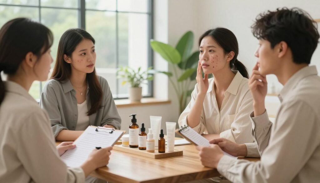 A serene and inviting skincare consultation space, softly lit with natural light coming through a large window. In the foreground, a diverse group of three young adults, dressed in professional casual attire, are engaging in an open discussion about acne management. Each individual has a thoughtful expression, one is holding a clipboard with a skincare regimen, while another is applying a gentle skincare product to their skin. In the middle ground, a beautifully arranged display of natural skincare products sits on a sleek wooden table. The background features calming greenery, maybe a plant or two, enhancing the atmosphere of wellness and positivity. The overall mood is supportive, educational, and reassuring, embodying essential tips for effectively living with acne. A serene and inviting skincare consultation space, softly lit with natural light coming through a large window. In the foreground, a diverse group of three young adults, dressed in professional casual attire, are engaging in an open discussion about acne management. Each individual has a thoughtful expression, one is holding a clipboard with a skincare regimen, while another is applying a gentle skincare product to their skin. In the middle ground, a beautifully arranged display of natural skincare products sits on a sleek wooden table. The background features calming greenery, maybe a plant or two, enhancing the atmosphere of wellness and positivity. The overall mood is supportive, educational, and reassuring, embodying essential tips for effectively living with acne.