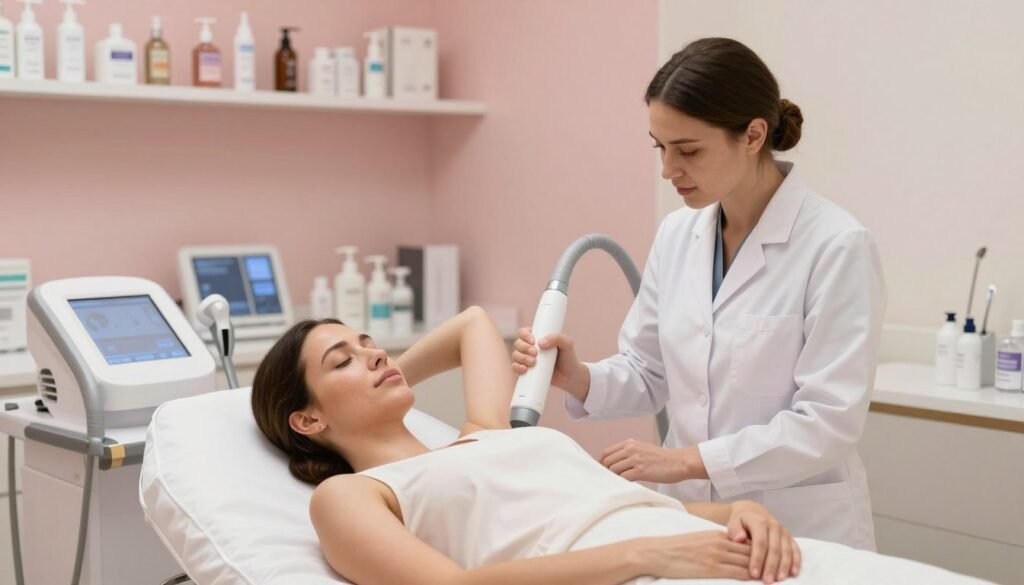 A serene and professional skincare clinic setting, featuring a laser treatment room. In the foreground, a diverse woman reclines comfortably on a treatment table, wearing a modest medical gown, looking relaxed. A skilled practitioner in a white lab coat operates a state-of-the-art laser device, focusing intently on the woman’s underarm area. Soft, diffused lighting creates an atmosphere of calm and reassurance, highlighting the high-tech equipment. In the middle background, shelves of skincare products and equipment are neatly arranged, while calming pastel-colored walls enhance the soothing environment. The image captures a sense of hope and transformation as the laser treatments aim to brighten skin, illuminating the effective and modern approach to skincare. A serene and professional skincare clinic setting, featuring a laser treatment room. In the foreground, a diverse woman reclines comfortably on a treatment table, wearing a modest medical gown, looking relaxed. A skilled practitioner in a white lab coat operates a state-of-the-art laser device, focusing intently on the woman’s underarm area. Soft, diffused lighting creates an atmosphere of calm and reassurance, highlighting the high-tech equipment. In the middle background, shelves of skincare products and equipment are neatly arranged, while calming pastel-colored walls enhance the soothing environment. The image captures a sense of hope and transformation as the laser treatments aim to brighten skin, illuminating the effective and modern approach to skincare.