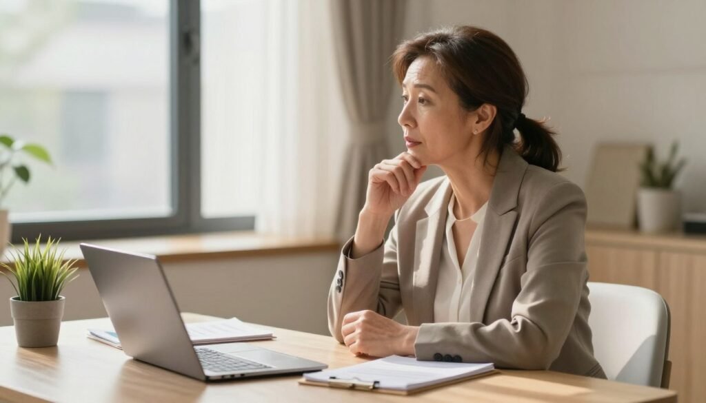 A serene and warm indoor setting, featuring a middle-aged woman in professional business attire, engaged in a thoughtful discussion about fertility after the age of 40. In the foreground, she is seated at a modern table, with a notepad and a laptop open, showcasing a focused expression. The middle ground includes medical pamphlets about reproductive health, alongside a small potted plant for a touch of life. In the background, soft natural light floods the room through a large window, casting gentle shadows and highlighting the calming colors of the space. The atmosphere is supportive and informative, evoking a sense of empowerment and possibility, portraying hope and knowledge on the journey of motherhood later in life. A serene and warm indoor setting, featuring a middle-aged woman in professional business attire, engaged in a thoughtful discussion about fertility after the age of 40. In the foreground, she is seated at a modern table, with a notepad and a laptop open, showcasing a focused expression. The middle ground includes medical pamphlets about reproductive health, alongside a small potted plant for a touch of life. In the background, soft natural light floods the room through a large window, casting gentle shadows and highlighting the calming colors of the space. The atmosphere is supportive and informative, evoking a sense of empowerment and possibility, portraying hope and knowledge on the journey of motherhood later in life.