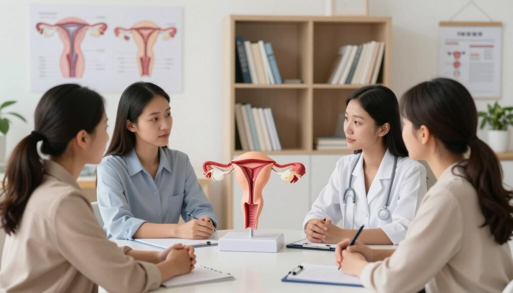 A serene and well-lit medical consultation room focusing on the topic of pregnancy and potential health concerns related to fibrous growths in women. In the foreground, a diverse group of professional women in modest business attire is engaged in a discussion, surrounded by medical diagrams and models of the female reproductive system. In the middle, a close-up of a human anatomical model illustrating the vagina and uterus, highlighting the area around a fibrous growth, is illuminated with soft, even lighting to enhance details. In the background, shelves filled with medical books and pamphlets create an informative atmosphere. The mood is calm and educational, emphasizing the importance of understanding health matters related to pregnancy and childbirth without any medical anxiety.