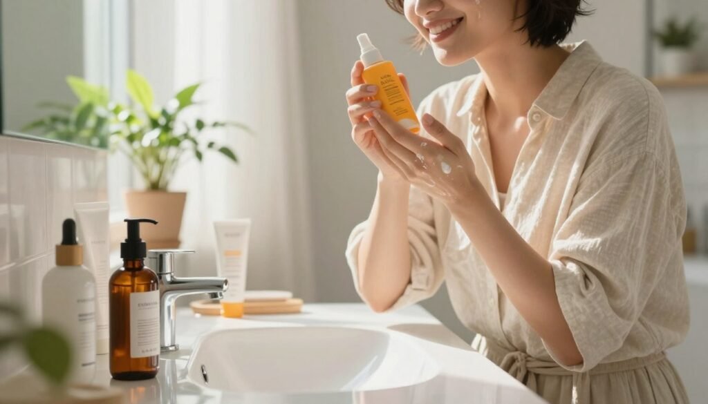 A serene bathroom scene emphasizing a complete skincare routine to enhance skin radiance. In the foreground, a stylish vanity is adorned with elegant skincare products such as serums, moisturizers, and sunblock, all arranged artfully. In the middle ground, a joyful, well-groomed individual in a modest, casual outfit applies a hydrating lotion, reflecting a focus on self-care. Soft, natural morning light filters through a window, creating a warm and inviting atmosphere. The background features potted plants, adding a touch of greenery, contributing to a refreshing ambiance. The overall mood exudes tranquility and empowerment, highlighting the importance of nourishment, hydration, and sun protection for glowing skin. A serene bathroom scene emphasizing a complete skincare routine to enhance skin radiance. In the foreground, a stylish vanity is adorned with elegant skincare products such as serums, moisturizers, and sunblock, all arranged artfully. In the middle ground, a joyful, well-groomed individual in a modest, casual outfit applies a hydrating lotion, reflecting a focus on self-care. Soft, natural morning light filters through a window, creating a warm and inviting atmosphere. The background features potted plants, adding a touch of greenery, contributing to a refreshing ambiance. The overall mood exudes tranquility and empowerment, highlighting the importance of nourishment, hydration, and sun protection for glowing skin.