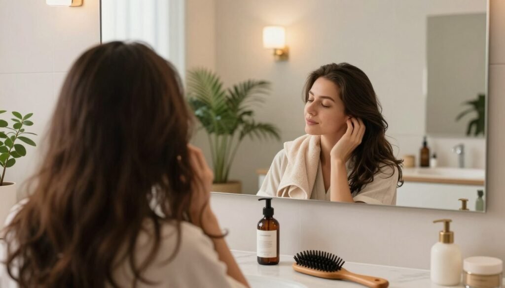 A serene bathroom setting featuring a person with healthy hair, looking relieved and relaxed after using hair care products. In the foreground, focus on a bottle of soothing hair serum and a wooden hairbrush on a marble countertop. The middle ground captures a mirror reflecting the person gently patting their hair dry with a soft towel, showcasing their confidence. In the background, soft, warm lighting creates a calming atmosphere, highlighting lush green plants and elegant decor that suggest self-care and tranquility. Use a wide-angle lens to emphasize the spaciousness of the room, evoking a sense of peace and wellness. The overall mood is one of comfort and positivity, ideal for promoting hair health. A serene bathroom setting featuring a person with healthy hair, looking relieved and relaxed after using hair care products. In the foreground, focus on a bottle of soothing hair serum and a wooden hairbrush on a marble countertop. The middle ground captures a mirror reflecting the person gently patting their hair dry with a soft towel, showcasing their confidence. In the background, soft, warm lighting creates a calming atmosphere, highlighting lush green plants and elegant decor that suggest self-care and tranquility. Use a wide-angle lens to emphasize the spaciousness of the room, evoking a sense of peace and wellness. The overall mood is one of comfort and positivity, ideal for promoting hair health.