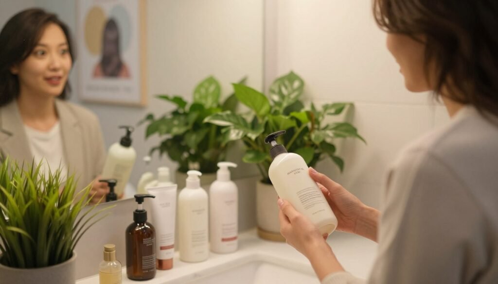 A serene bathroom setting with soft, warm lighting that emphasizes cleanliness and self-care. In the foreground, a person with a curious expression, dressed in professional casual attire, is standing in front of a mirror holding a bottle of shampoo. The background features neatly arranged hair care products on a marble countertop, surrounded by lush green plants that provide a refreshing vibe. Reflections in the mirror subtly hint at a framed poster on the wall with a soothing design about hair care myths. The overall atmosphere is calm and informative, inviting viewers to explore the topic of daily hair washing and common misconceptions associated with it, captured from a slightly angled perspective to enhance depth. A serene bathroom setting with soft, warm lighting that emphasizes cleanliness and self-care. In the foreground, a person with a curious expression, dressed in professional casual attire, is standing in front of a mirror holding a bottle of shampoo. The background features neatly arranged hair care products on a marble countertop, surrounded by lush green plants that provide a refreshing vibe. Reflections in the mirror subtly hint at a framed poster on the wall with a soothing design about hair care myths. The overall atmosphere is calm and informative, inviting viewers to explore the topic of daily hair washing and common misconceptions associated with it, captured from a slightly angled perspective to enhance depth.