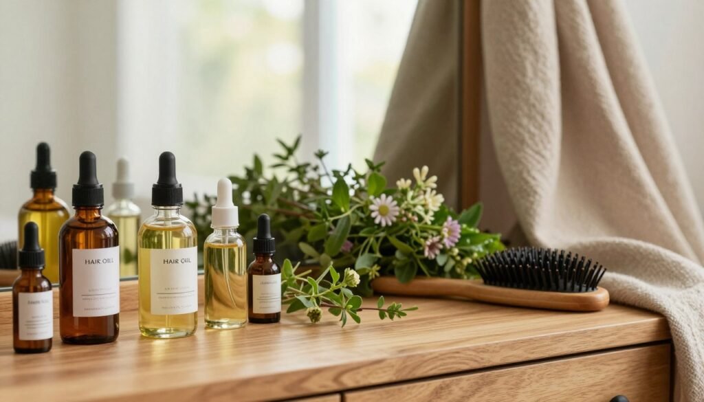 A serene beauty composition focusing on the benefits of hair oils for dry and damaged hair. In the foreground, a wooden vanity table adorned with elegant glass bottles of various hair oils, their labels highlighting natural ingredients like argan and coconut oil. The middle ground features a neatly arranged assortment of fresh herbs and flowers, symbolizing nourishment and vitality for hair health. In the background, soft, diffused natural light filters through a window, creating a warm, inviting atmosphere. The scene is complemented by a set of high-quality hairbrushes and a rich, textured scarf draped gracefully. The overall mood is soothing and restorative, highlighting the rejuvenating effects of hair oils. No people are present in the image, ensuring a clean and professional aesthetic. A serene beauty composition focusing on the benefits of hair oils for dry and damaged hair. In the foreground, a wooden vanity table adorned with elegant glass bottles of various hair oils, their labels highlighting natural ingredients like argan and coconut oil. The middle ground features a neatly arranged assortment of fresh herbs and flowers, symbolizing nourishment and vitality for hair health. In the background, soft, diffused natural light filters through a window, creating a warm, inviting atmosphere. The scene is complemented by a set of high-quality hairbrushes and a rich, textured scarf draped gracefully. The overall mood is soothing and restorative, highlighting the rejuvenating effects of hair oils. No people are present in the image, ensuring a clean and professional aesthetic.