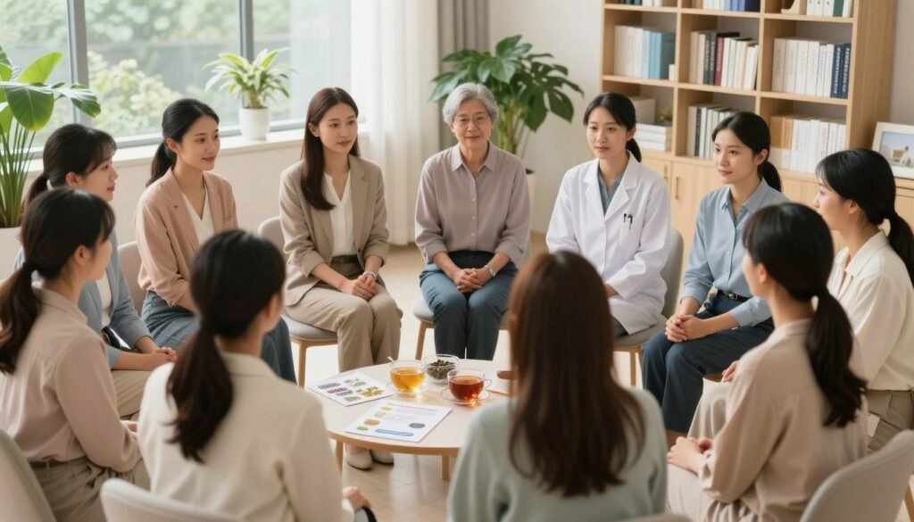 A serene clinic setting focused on fertility treatments, with a wide, softly lit room featuring lush greenery in the background. In the foreground, a diverse group of women dressed in professional attire or modest casual clothing sit in a circle, engaged in a supportive discussion about various effective methods for treating fertility issues. On a table between them, there are pamphlets and natural remedies like herbal teas and vitamins, symbolizing holistic approaches. The soft, warm lighting creates an atmosphere of hope and positivity, while an orderly bookshelf filled with medical books is visible in the background. The camera angle is slightly elevated, providing a comprehensive view of the interactions and the cozy environment. The overall mood is uplifting and informative.