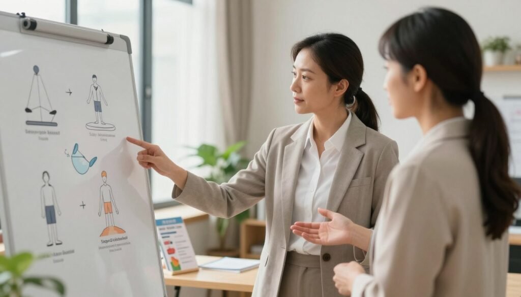 A serene healthcare professional standing in a calming, softly-lit office environment, offering advice on dizziness prevention. In the foreground, the expert, dressed in professional business attire, gestures towards a whiteboard with simple illustrations of balance tips and exercises, such as staying hydrated and maintaining posture. The middle ground features a desk with health brochures and a plant, symbolizing wellness. In the background, soft, natural light filters through a window, creating an atmosphere of tranquility and focus. The overall mood is supportive and reassuring, emphasizing health and balance in everyday life. The composition should be balanced, with the expert as the focal point while depicting a welcoming space conducive to learning. A serene healthcare professional standing in a calming, softly-lit office environment, offering advice on dizziness prevention. In the foreground, the expert, dressed in professional business attire, gestures towards a whiteboard with simple illustrations of balance tips and exercises, such as staying hydrated and maintaining posture. The middle ground features a desk with health brochures and a plant, symbolizing wellness. In the background, soft, natural light filters through a window, creating an atmosphere of tranquility and focus. The overall mood is supportive and reassuring, emphasizing health and balance in everyday life. The composition should be balanced, with the expert as the focal point while depicting a welcoming space conducive to learning.