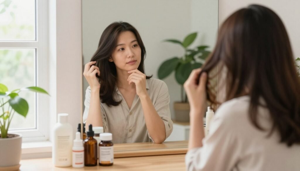A serene indoor setting showcasing a professional, modestly dressed woman examining her hair in front of a bright, well-lit mirror. In the foreground, a variety of vitamins and hair care products are neatly arranged on a wooden vanity. Soft, natural light streams in through a nearby window, creating a warm and inviting atmosphere. In the middle ground, the woman is seen thoughtfully holding a small bottle of vitamin supplements, looking contemplative about nourishing her hair. The background features greenery, such as potted plants, adding a touch of life and freshness to the scene. The overall mood should convey hope and self-care, emphasizing the importance of vitamin treatments for healthy hair. A serene indoor setting showcasing a professional, modestly dressed woman examining her hair in front of a bright, well-lit mirror. In the foreground, a variety of vitamins and hair care products are neatly arranged on a wooden vanity. Soft, natural light streams in through a nearby window, creating a warm and inviting atmosphere. In the middle ground, the woman is seen thoughtfully holding a small bottle of vitamin supplements, looking contemplative about nourishing her hair. The background features greenery, such as potted plants, adding a touch of life and freshness to the scene. The overall mood should convey hope and self-care, emphasizing the importance of vitamin treatments for healthy hair.