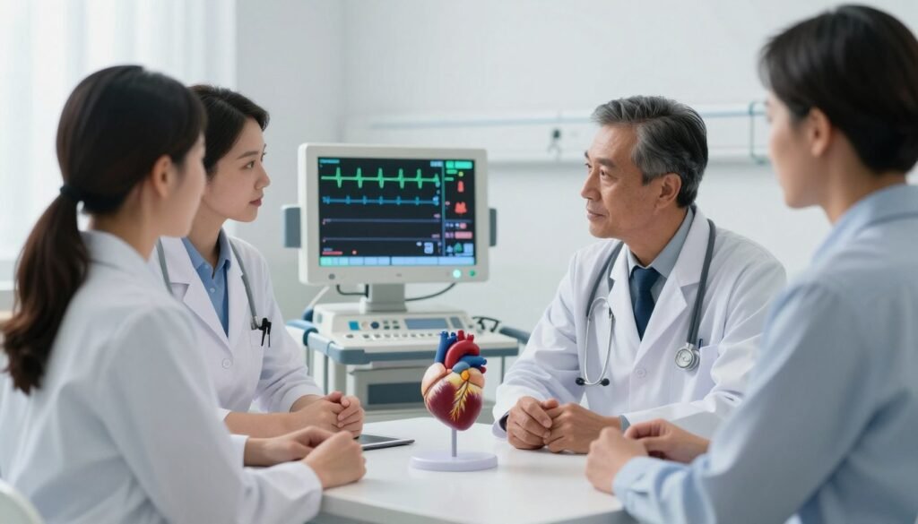 A serene medical scene illustrating " نغزات القلب" in a clinical setting. In the foreground, a diverse group of medical professionals—two doctors and a nurse—discussing a patient's heart monitor readings, all dressed in professional business attire. In the middle, an advanced ECG machine shows heart rhythms, and a model heart is displayed on the table, symbolizing the focus on cardiovascular health. The background features a well-lit hospital room with soft, diffused lighting, enhancing a calm and informative atmosphere. The overall mood conveys professionalism and reassurance, emphasizing the importance of understanding heart health while providing a sense of comfort and hope. The image should exclude any text, captions, or identifiers.
