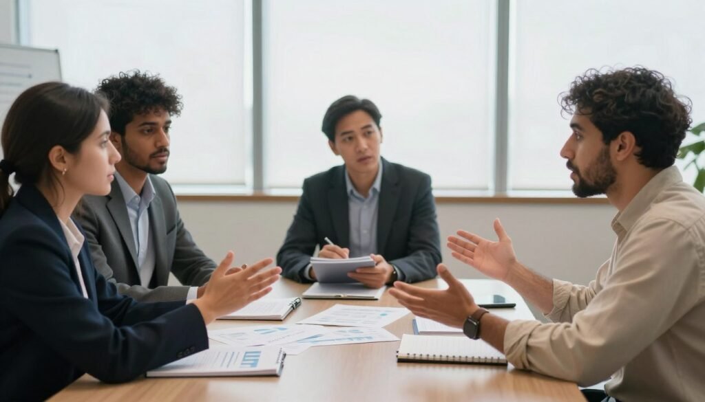 A serene, modern conference room setting, focusing on a diverse group of three professionals engaged in a heated discussion around a large table strewn with research papers and notebooks, symbolizing the debate on the nutritional system "الطيبات". In the foreground, two individuals—one wearing a professional suit and the other in modest casual attire—are animatedly presenting their points, gesturing with passion. In the middle ground, the third professional, dressed in a smart outfit, is taking notes and observing intently. The background features large windows with soft natural light filtering in, creating a bright, inspiring atmosphere. The overall mood conveys intellectual engagement, curiosity, and critical analysis, emphasizing the importance of scientific scrutiny in discussing dietary approaches. A serene, modern conference room setting, focusing on a diverse group of three professionals engaged in a heated discussion around a large table strewn with research papers and notebooks, symbolizing the debate on the nutritional system "الطيبات". In the foreground, two individuals—one wearing a professional suit and the other in modest casual attire—are animatedly presenting their points, gesturing with passion. In the middle ground, the third professional, dressed in a smart outfit, is taking notes and observing intently. The background features large windows with soft natural light filtering in, creating a bright, inspiring atmosphere. The overall mood conveys intellectual engagement, curiosity, and critical analysis, emphasizing the importance of scientific scrutiny in discussing dietary approaches.