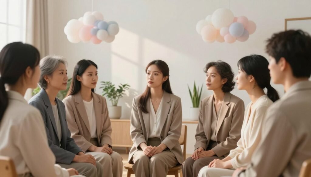 A serene, peaceful scene depicting the psychological factors influencing fertility and the chances of conception. In the foreground, a diverse group of individuals in modest, professional attire are engaged in a thoughtful discussion, their expressions reflecting hope and determination. The middle ground features a tranquil setting, perhaps a sunlit room with plants and calming colors, symbolizing a nurturing environment. In the background, soft, ethereal imagery such as clouds and gentle sunlight filters through, representing the connection between mental well-being and fertility. The lighting is warm and inviting, creating a hopeful atmosphere. The composition should evoke a sense of calm and positivity, highlighting the psychological aspects of fertility without any text or distractions. A serene, peaceful scene depicting the psychological factors influencing fertility and the chances of conception. In the foreground, a diverse group of individuals in modest, professional attire are engaged in a thoughtful discussion, their expressions reflecting hope and determination. The middle ground features a tranquil setting, perhaps a sunlit room with plants and calming colors, symbolizing a nurturing environment. In the background, soft, ethereal imagery such as clouds and gentle sunlight filters through, representing the connection between mental well-being and fertility. The lighting is warm and inviting, creating a hopeful atmosphere. The composition should evoke a sense of calm and positivity, highlighting the psychological aspects of fertility without any text or distractions.