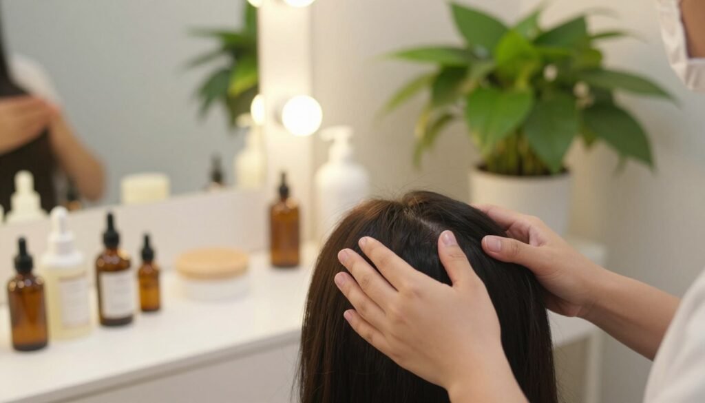 A serene, professional setting focused on scalp care for hair growth. In the foreground, a pair of hands gently massages the scalp, showcasing a variety of natural oils and hair care products neatly arranged nearby. The middle ground features a well-organized vanity with mirrors reflecting warm, soft lighting, which creates an inviting atmosphere. In the background, a lush green plant adds a touch of nature, symbolizing growth and vitality. Use a slightly blurred depth of field to emphasize the hands in focus, while the background remains soft yet vibrant. The overall mood is calm and nurturing, capturing the essence of effective scalp care for promoting healthy hair growth. A serene, professional setting focused on scalp care for hair growth. In the foreground, a pair of hands gently massages the scalp, showcasing a variety of natural oils and hair care products neatly arranged nearby. The middle ground features a well-organized vanity with mirrors reflecting warm, soft lighting, which creates an inviting atmosphere. In the background, a lush green plant adds a touch of nature, symbolizing growth and vitality. Use a slightly blurred depth of field to emphasize the hands in focus, while the background remains soft yet vibrant. The overall mood is calm and nurturing, capturing the essence of effective scalp care for promoting healthy hair growth.