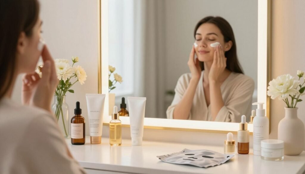 A serene skincare setup featuring a beautifully arranged vanity table in a softly lit room. In the foreground, a variety of skincare products such as serums, moisturizers, and masks, artfully placed alongside fresh flowers for a touch of nature. The middle ground showcases a reflection of a woman with a peaceful expression, applying cream to her face, dressed in modest casual clothing. The background includes a large, elegant mirror surrounded by warm ambient lighting, creating a calming atmosphere. The overall mood should evoke a sense of self-care and tranquility, emphasizing the importance of proper skincare routines. The image should maintain a clean, professional look, devoid of any text or clutter. A serene skincare setup featuring a beautifully arranged vanity table in a softly lit room. In the foreground, a variety of skincare products such as serums, moisturizers, and masks, artfully placed alongside fresh flowers for a touch of nature. The middle ground showcases a reflection of a woman with a peaceful expression, applying cream to her face, dressed in modest casual clothing. The background includes a large, elegant mirror surrounded by warm ambient lighting, creating a calming atmosphere. The overall mood should evoke a sense of self-care and tranquility, emphasizing the importance of proper skincare routines. The image should maintain a clean, professional look, devoid of any text or clutter.