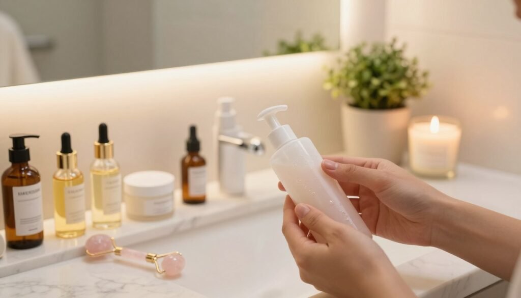 A serene skincare setup on a marble counter, featuring an array of elegant, natural skincare products like oils, creams, and a rose quartz roller. In the foreground, a pair of clean, neatly arranged hands holding a gentle cleanser, conveying a sense of care. The middle layer showcases a beautifully lit bathroom mirror reflecting warm, soft light, enhancing a tranquil atmosphere. In the background, a small potted plant and scented candles add a calming touch. The lighting is soft and golden, creating a cozy and inviting feel. The overall mood is peaceful, emphasizing self-care and the importance of healthy skincare habits, while subtly hinting at common mistakes that affect skin health. A serene skincare setup on a marble counter, featuring an array of elegant, natural skincare products like oils, creams, and a rose quartz roller. In the foreground, a pair of clean, neatly arranged hands holding a gentle cleanser, conveying a sense of care. The middle layer showcases a beautifully lit bathroom mirror reflecting warm, soft light, enhancing a tranquil atmosphere. In the background, a small potted plant and scented candles add a calming touch. The lighting is soft and golden, creating a cozy and inviting feel. The overall mood is peaceful, emphasizing self-care and the importance of healthy skincare habits, while subtly hinting at common mistakes that affect skin health.