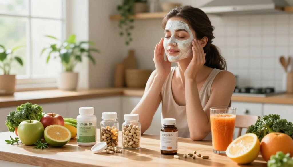 A serene, well-lit kitchen scene showcasing a variety of natural dietary supplements that enhance skin and hair health. In the foreground, a wooden kitchen table holds open jars of vitamins and plant-based capsules, surrounded by fresh fruits, vegetables, and herbs, emphasizing a healthy lifestyle. A glass of smoothie sits nearby, vibrant in color. In the middle, a beautiful woman in modest casual clothing is gently applying a facial mask, radiating confidence and beauty. Her skin glows, reflecting the benefits of the supplements. The background features soft green plants and bright sunlight streaming through a window, creating an inviting atmosphere. Soft focus depth of field enhances the subject while maintaining clarity on the supplements, evoking a sense of wellness and self-care. A serene, well-lit kitchen scene showcasing a variety of natural dietary supplements that enhance skin and hair health. In the foreground, a wooden kitchen table holds open jars of vitamins and plant-based capsules, surrounded by fresh fruits, vegetables, and herbs, emphasizing a healthy lifestyle. A glass of smoothie sits nearby, vibrant in color. In the middle, a beautiful woman in modest casual clothing is gently applying a facial mask, radiating confidence and beauty. Her skin glows, reflecting the benefits of the supplements. The background features soft green plants and bright sunlight streaming through a window, creating an inviting atmosphere. Soft focus depth of field enhances the subject while maintaining clarity on the supplements, evoking a sense of wellness and self-care.