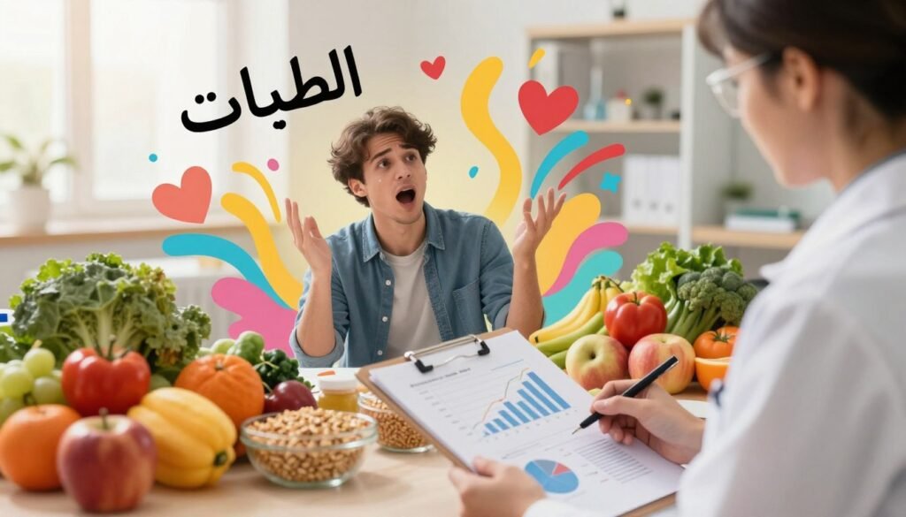 A split-image illustration contrasting scientific language with emotional discourse regarding the system of "الطيبات." The foreground features a professional-looking scientist in a lab coat, holding a clipboard filled with charts and graphs that symbolize scientific analysis, set against a backdrop of vibrant healthy foods like fruits, vegetables, and grains. In the middle, juxtapose this with a passionate individual gesturing animatedly, surrounded by colorful, abstract representations of emotions, such as hearts and flowing lines that convey warmth and enthusiasm. The background is softly blurred, hinting at a scholarly environment, bathed in warm, natural light that creates an inviting yet serious atmosphere. The angle should be slightly tilted to create a dynamic and engaging composition without any text or logos. A split-image illustration contrasting scientific language with emotional discourse regarding the system of "الطيبات." The foreground features a professional-looking scientist in a lab coat, holding a clipboard filled with charts and graphs that symbolize scientific analysis, set against a backdrop of vibrant healthy foods like fruits, vegetables, and grains. In the middle, juxtapose this with a passionate individual gesturing animatedly, surrounded by colorful, abstract representations of emotions, such as hearts and flowing lines that convey warmth and enthusiasm. The background is softly blurred, hinting at a scholarly environment, bathed in warm, natural light that creates an inviting yet serious atmosphere. The angle should be slightly tilted to create a dynamic and engaging composition without any text or logos.