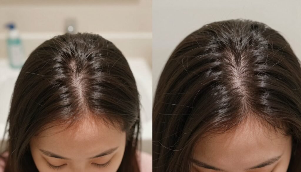 A split-screen image contrasting natural hair shedding versus abnormal hair loss. On the left, a close-up of a healthy individual's scalp with a few naturally shed hairs on their bathroom sink. Soft, warm lighting creates an inviting atmosphere, emphasizing a calm and routine personal care moment. On the right, an alarming scene depicting a scalp with noticeably thinning hair and excessive hair loss in clumps, showing a sense of concern. The lighting here is slightly harsher, casting shadows that highlight the scalp's vulnerability. Both sides should feature complementary colors, with the natural side in soft pastels and the abnormal side in muted, darker tones. The overall mood conveys a sense of awareness and education regarding hair health. A split-screen image contrasting natural hair shedding versus abnormal hair loss. On the left, a close-up of a healthy individual's scalp with a few naturally shed hairs on their bathroom sink. Soft, warm lighting creates an inviting atmosphere, emphasizing a calm and routine personal care moment. On the right, an alarming scene depicting a scalp with noticeably thinning hair and excessive hair loss in clumps, showing a sense of concern. The lighting here is slightly harsher, casting shadows that highlight the scalp's vulnerability. Both sides should feature complementary colors, with the natural side in soft pastels and the abnormal side in muted, darker tones. The overall mood conveys a sense of awareness and education regarding hair health.