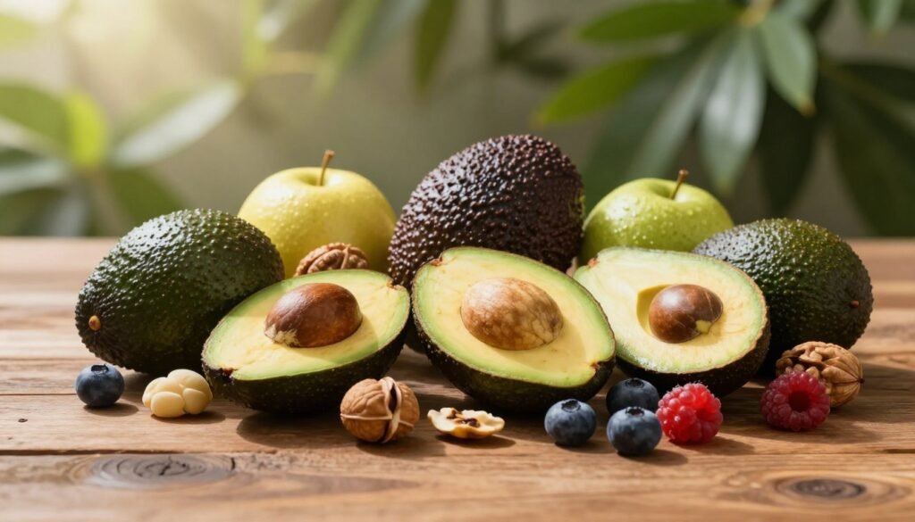 A vibrant and enticing still life scene featuring healthy fruit alternatives to traditional options, such as avocados, nuts, and berries, arranged artistically on a rustic wooden table. Include a background of lush greenery to evoke a sense of natural wellness. The lighting should be soft and warm, creating a cozy atmosphere, with rays of sunlight filtering through the leaves, illuminating the fruit's textures and colors. The camera angle should be slightly elevated, providing a clear view of the arrangement, emphasizing the freshness and appeal of these alternatives. The overall mood is inviting and wholesome, aimed at encouraging a healthy lifestyle choice. No text or watermarks should be present in the image. A vibrant and enticing still life scene featuring healthy fruit alternatives to traditional options, such as avocados, nuts, and berries, arranged artistically on a rustic wooden table. Include a background of lush greenery to evoke a sense of natural wellness. The lighting should be soft and warm, creating a cozy atmosphere, with rays of sunlight filtering through the leaves, illuminating the fruit's textures and colors. The camera angle should be slightly elevated, providing a clear view of the arrangement, emphasizing the freshness and appeal of these alternatives. The overall mood is inviting and wholesome, aimed at encouraging a healthy lifestyle choice. No text or watermarks should be present in the image.