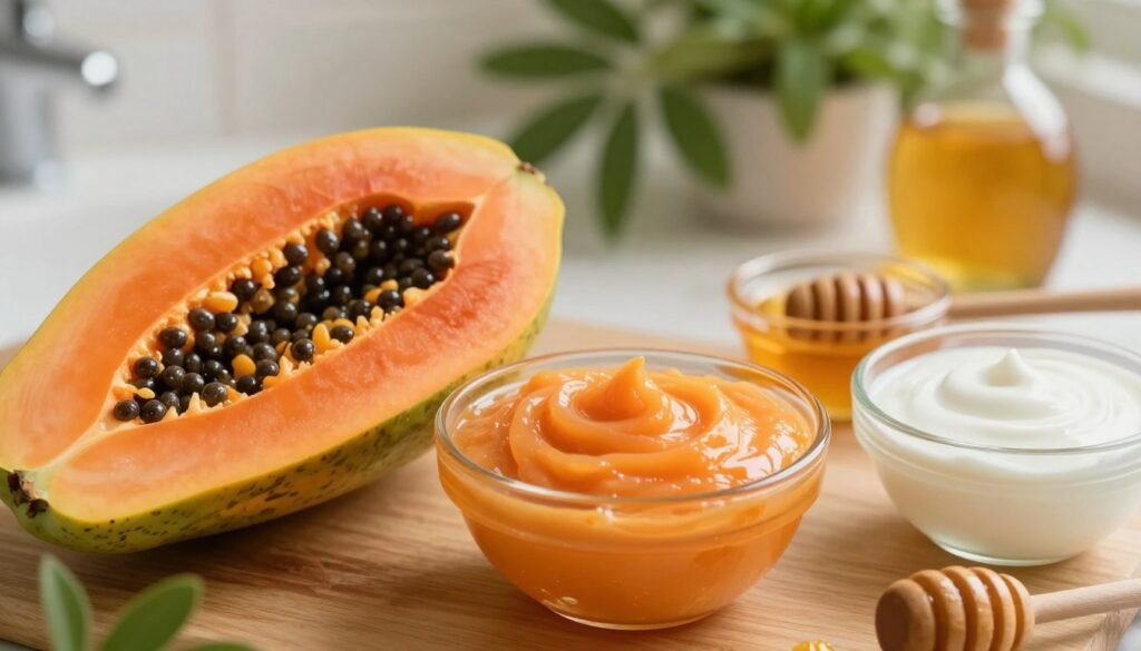 A vibrant and inviting image showcasing a natural papaya face mask for skin exfoliation and brightening. In the foreground, display a fresh, ripe papaya cut in half, revealing its bright orange flesh and black seeds. Next to it, a small bowl of creamy papaya mask sits appealingly, surrounded by natural ingredients like honey and yogurt for added texture. The middle ground features a serene bathroom setting with soft, warm lighting that creates an inviting atmosphere, and a wooden surface for an organic feel. In the background, include subtle elements of green plants or herbs, enhancing the natural vibe. Capture the image from a slightly elevated angle for an artistic touch, evoking a sense of wellness and rejuvenation. The overall mood should be refreshing, calm, and health-focused. A vibrant and inviting image showcasing a natural papaya face mask for skin exfoliation and brightening. In the foreground, display a fresh, ripe papaya cut in half, revealing its bright orange flesh and black seeds. Next to it, a small bowl of creamy papaya mask sits appealingly, surrounded by natural ingredients like honey and yogurt for added texture. The middle ground features a serene bathroom setting with soft, warm lighting that creates an inviting atmosphere, and a wooden surface for an organic feel. In the background, include subtle elements of green plants or herbs, enhancing the natural vibe. Capture the image from a slightly elevated angle for an artistic touch, evoking a sense of wellness and rejuvenation. The overall mood should be refreshing, calm, and health-focused.