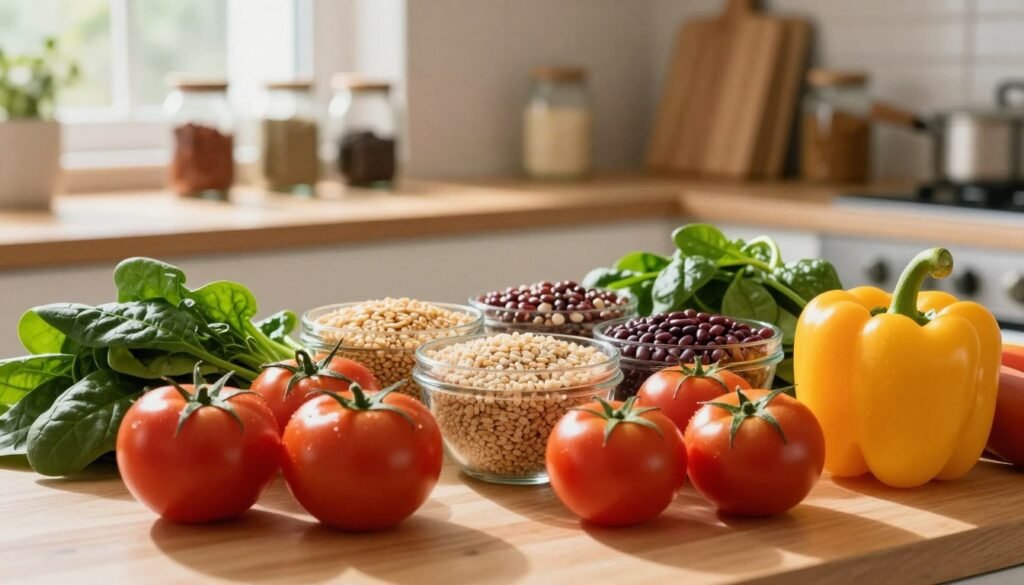 A vibrant and inviting kitchen scene focused on healthy eating practices. In the foreground, a beautifully arranged table displaying colorful fruits and vegetables, such as vivid red tomatoes, bright green spinach, and yellow bell peppers, highlighting a balanced diet. A neatly organized selection of whole grains and legumes occupies the middle ground, suggesting healthy meal preparation. Soft, natural lighting streams in from a window, casting gentle shadows and creating a warm, welcoming atmosphere. In the background, a cozy shelf holds jars of spices and cookbooks, emphasizing a nurturing cooking environment. The overall mood is uplifting and motivating, promoting the idea of safely and effectively following a nutritious eating plan. No text or people are included, ensuring a focus on the food and the cooking setting. A vibrant and inviting kitchen scene focused on healthy eating practices. In the foreground, a beautifully arranged table displaying colorful fruits and vegetables, such as vivid red tomatoes, bright green spinach, and yellow bell peppers, highlighting a balanced diet. A neatly organized selection of whole grains and legumes occupies the middle ground, suggesting healthy meal preparation. Soft, natural lighting streams in from a window, casting gentle shadows and creating a warm, welcoming atmosphere. In the background, a cozy shelf holds jars of spices and cookbooks, emphasizing a nurturing cooking environment. The overall mood is uplifting and motivating, promoting the idea of safely and effectively following a nutritious eating plan. No text or people are included, ensuring a focus on the food and the cooking setting.