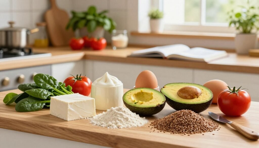 A vibrant kitchen scene showcasing a variety of healthy egg alternatives for a holistic diet. In the foreground, a wooden countertop displays a colorful assortment of options: silken tofu, chickpea flour, mashed avocados, and flaxseed meal. Fresh vegetables like spinach and tomatoes are artfully arranged beside each alternative, emphasizing their nutritional value. In the middle ground, a warm, inviting kitchen with soft lighting highlights a cookbook open to a recipe that creatively uses these substitutes. The background hints at homey decor with potted herbs and an array of wholesome ingredients. The atmosphere feels vibrant and healthy, encouraging a sense of well-being and culinary exploration. Soft natural light streams in from a window, creating a warm and inviting ambiance throughout the scene.