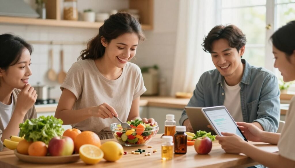 A vibrant scene depicting a diverse group of individuals engaged in healthy eating habits. In the foreground, a table filled with colorful fruits, vegetables, and dietary supplements, highlighting their importance for skin health. In the middle, a woman in modest casual clothing joyfully prepares a nutritious meal, while a man, also dressed casually, reviews health data on a tablet. In the background, softly lit kitchen elements create a warm and inviting atmosphere, with sunlight filtering through a window. The overall mood is uplifting and healthy, emphasizing the connection between diet and skin health. Use soft, natural lighting to enhance the colors and details of the food, capturing a sense of vitality and wellness. A vibrant scene depicting a diverse group of individuals engaged in healthy eating habits. In the foreground, a table filled with colorful fruits, vegetables, and dietary supplements, highlighting their importance for skin health. In the middle, a woman in modest casual clothing joyfully prepares a nutritious meal, while a man, also dressed casually, reviews health data on a tablet. In the background, softly lit kitchen elements create a warm and inviting atmosphere, with sunlight filtering through a window. The overall mood is uplifting and healthy, emphasizing the connection between diet and skin health. Use soft, natural lighting to enhance the colors and details of the food, capturing a sense of vitality and wellness.