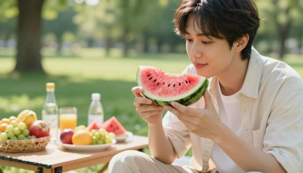 A vibrant scene focused on a person safely enjoying watermelon. The foreground features a well-dressed individual, possibly in light, casual summer attire, holding a slice of juicy watermelon with a cheerful but thoughtful expression, embodying the essence of healthy eating. The middle ground shows a beautifully arranged picnic table adorned with a variety of fresh fruits, emphasizing safe consumption practices. In the background, a sunny, lush green park creates an inviting atmosphere, with soft, diffused sunlight filtering through the trees, casting gentle shadows. The image captures a sense of relaxation and enjoyment, promoting a wholesome approach to eating watermelon while avoiding potential health risks. Ideal lens angle — slightly above eye level, focusing on the person, enhancing the warmth and connection to nature. A vibrant scene focused on a person safely enjoying watermelon. The foreground features a well-dressed individual, possibly in light, casual summer attire, holding a slice of juicy watermelon with a cheerful but thoughtful expression, embodying the essence of healthy eating. The middle ground shows a beautifully arranged picnic table adorned with a variety of fresh fruits, emphasizing safe consumption practices. In the background, a sunny, lush green park creates an inviting atmosphere, with soft, diffused sunlight filtering through the trees, casting gentle shadows. The image captures a sense of relaxation and enjoyment, promoting a wholesome approach to eating watermelon while avoiding potential health risks. Ideal lens angle — slightly above eye level, focusing on the person, enhancing the warmth and connection to nature.