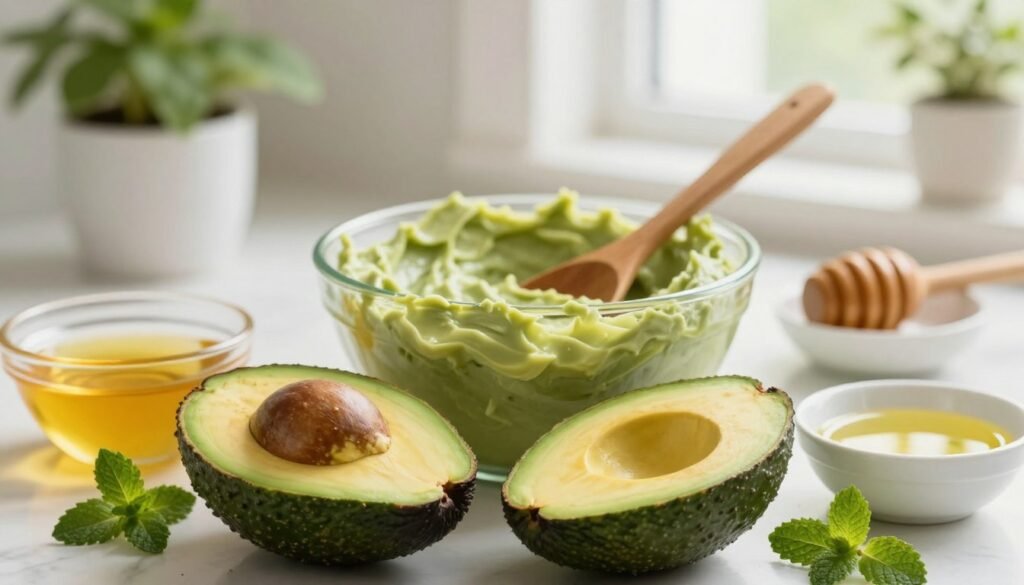 A vibrant scene showcasing a natural avocado hair mask preparation. In the foreground, a fresh avocado, cut in half, reveals its creamy green interior, surrounded by small bowls filled with natural ingredients like honey, olive oil, and a sprig of mint. In the middle, a wooden spoon rests beside a bowl mixing the avocado mask, reflecting creamy textures. The background features a softly blurred bathroom setting with potted plants and natural light streaming through a window, creating a fresh and organic atmosphere. The overall mood is calming and rejuvenating, hinting at the benefits of natural hair care. Emphasize rich colors and textures, using soft focus and warm lighting to enhance the inviting feel of self-care and wellness. A vibrant scene showcasing a natural avocado hair mask preparation. In the foreground, a fresh avocado, cut in half, reveals its creamy green interior, surrounded by small bowls filled with natural ingredients like honey, olive oil, and a sprig of mint. In the middle, a wooden spoon rests beside a bowl mixing the avocado mask, reflecting creamy textures. The background features a softly blurred bathroom setting with potted plants and natural light streaming through a window, creating a fresh and organic atmosphere. The overall mood is calming and rejuvenating, hinting at the benefits of natural hair care. Emphasize rich colors and textures, using soft focus and warm lighting to enhance the inviting feel of self-care and wellness.