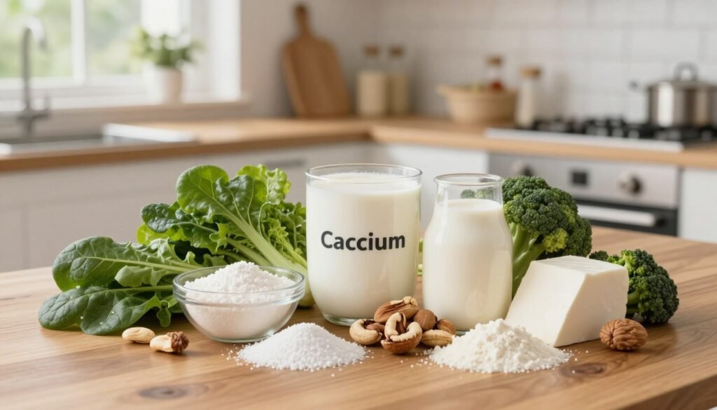 A visually appealing and informative composition focusing on essential minerals like calcium and magnesium. In the foreground, a selection of healthy foods rich in calcium and magnesium, such as leafy greens, nuts, and dairy products, is arranged on a wooden table. In the middle ground, a clean, modern kitchen setting is visible, with soft natural light illuminating the scene, creating a warm and inviting atmosphere. The background features a window displaying greenery, enhancing the idea of health and wellness. The image should evoke a sense of vitality and wellbeing, with a focus on nutritious lifestyles. The camera angle is slightly above eye level, allowing for a clear view of the food and environment, ensuring a balanced composition. A visually appealing and informative composition focusing on essential minerals like calcium and magnesium. In the foreground, a selection of healthy foods rich in calcium and magnesium, such as leafy greens, nuts, and dairy products, is arranged on a wooden table. In the middle ground, a clean, modern kitchen setting is visible, with soft natural light illuminating the scene, creating a warm and inviting atmosphere. The background features a window displaying greenery, enhancing the idea of health and wellness. The image should evoke a sense of vitality and wellbeing, with a focus on nutritious lifestyles. The camera angle is slightly above eye level, allowing for a clear view of the food and environment, ensuring a balanced composition.