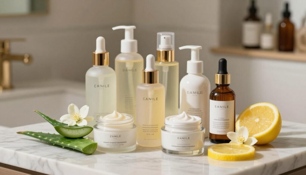 A visually appealing arrangement of skincare products, focusing on popular creams and serums for skin brightening available in Egypt. The scene includes several elegantly designed bottles and jars, creatively displayed on a marble countertop. In the foreground, a few products are open, revealing their textures, surrounded by natural ingredients like aloe vera, lemon slices, and jasmine flowers that symbolize freshness and purity. Soft, warm lighting casts gentle shadows, enhancing the luxurious look of the products. The background features a subtle glimpse of a well-organized bathroom shelf, maintaining a serene and inviting atmosphere. The overall mood is sophisticated and calming, perfect for a skincare article. No text or watermarks in the image. A visually appealing arrangement of skincare products, focusing on popular creams and serums for skin brightening available in Egypt. The scene includes several elegantly designed bottles and jars, creatively displayed on a marble countertop. In the foreground, a few products are open, revealing their textures, surrounded by natural ingredients like aloe vera, lemon slices, and jasmine flowers that symbolize freshness and purity. Soft, warm lighting casts gentle shadows, enhancing the luxurious look of the products. The background features a subtle glimpse of a well-organized bathroom shelf, maintaining a serene and inviting atmosphere. The overall mood is sophisticated and calming, perfect for a skincare article. No text or watermarks in the image.
