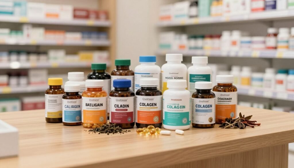 A visually appealing display of various vitamin supplements specifically for hair loss, arranged attractively on a clean, modern wooden table. In the foreground, vibrant bottles of vitamins and supplements, prominently featuring labels that convey benefits for hair health. In the middle, a selection of natural ingredients like biotin, collagen, and herbal extracts, artistically placed alongside the bottles, hinting at their source. The background contains soft-focus elements of a well-organized pharmacy or health store, with warm, inviting lighting that creates a calming atmosphere. The angle of the shot is slightly above eye level, giving a comprehensive view while emphasizing the products. The overall mood is professional, reliable, and encouraging for those seeking solutions to hair loss. A visually appealing display of various vitamin supplements specifically for hair loss, arranged attractively on a clean, modern wooden table. In the foreground, vibrant bottles of vitamins and supplements, prominently featuring labels that convey benefits for hair health. In the middle, a selection of natural ingredients like biotin, collagen, and herbal extracts, artistically placed alongside the bottles, hinting at their source. The background contains soft-focus elements of a well-organized pharmacy or health store, with warm, inviting lighting that creates a calming atmosphere. The angle of the shot is slightly above eye level, giving a comprehensive view while emphasizing the products. The overall mood is professional, reliable, and encouraging for those seeking solutions to hair loss.