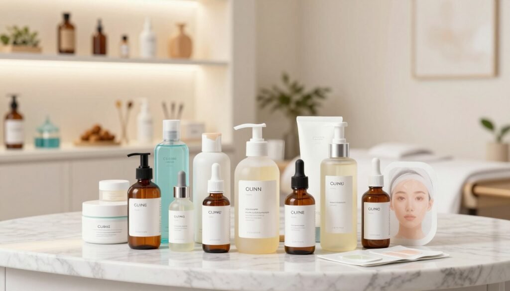 A visually engaging illustration of different types of skin peeling methods, arranged in an organized manner. In the foreground, showcase diverse skincare products like exfoliating scrubs, chemical peel solutions, and gentle peel pads skillfully placed on a marble countertop. The middle ground features a well-lit, elegant skincare clinic environment, with a clean aesthetic and soft-focus shelves displaying botanical ingredients and skincare tools. In the background, include a serene, softly lit room with calming colors to evoke a relaxing atmosphere. The lighting should be bright and natural, creating a warm ambiance. The angle should be slightly elevated for a comprehensive view of the scene, enhancing the professional and informative tone of the image. Overall, the mood should convey tranquility and expertise in skincare. A visually engaging illustration of different types of skin peeling methods, arranged in an organized manner. In the foreground, showcase diverse skincare products like exfoliating scrubs, chemical peel solutions, and gentle peel pads skillfully placed on a marble countertop. The middle ground features a well-lit, elegant skincare clinic environment, with a clean aesthetic and soft-focus shelves displaying botanical ingredients and skincare tools. In the background, include a serene, softly lit room with calming colors to evoke a relaxing atmosphere. The lighting should be bright and natural, creating a warm ambiance. The angle should be slightly elevated for a comprehensive view of the scene, enhancing the professional and informative tone of the image. Overall, the mood should convey tranquility and expertise in skincare.