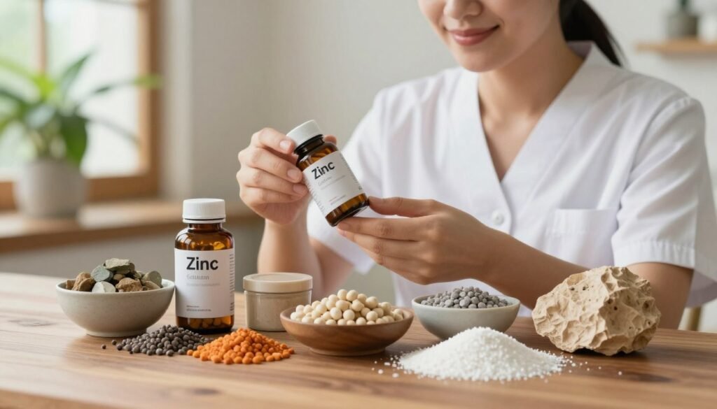 A visually striking composition showcasing essential minerals for skin health, emphasizing their roles in enhancing vitality. In the foreground, arrange a variety of colorful mineral-rich ingredients, such as zinc, selenium, and magnesium, artfully placed on a polished wooden surface. The middle section features a person in professional attire, thoughtfully examining a mineral supplement bottle with a subtle smile, radiating confidence and health. The background softly fades into a serene wellness spa environment, with green plants and natural light streaming in through a window, creating a calming atmosphere. Use soft, warm lighting to highlight the textures of the minerals and the warm tones of the setting, focusing on a close-up angle to enhance the feeling of intimacy and care in skin health. A visually striking composition showcasing essential minerals for skin health, emphasizing their roles in enhancing vitality. In the foreground, arrange a variety of colorful mineral-rich ingredients, such as zinc, selenium, and magnesium, artfully placed on a polished wooden surface. The middle section features a person in professional attire, thoughtfully examining a mineral supplement bottle with a subtle smile, radiating confidence and health. The background softly fades into a serene wellness spa environment, with green plants and natural light streaming in through a window, creating a calming atmosphere. Use soft, warm lighting to highlight the textures of the minerals and the warm tones of the setting, focusing on a close-up angle to enhance the feeling of intimacy and care in skin health.