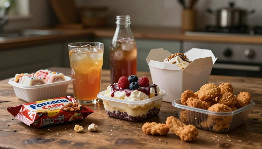 A visually striking still life composition featuring various foods known to detract from skin radiance and cause skin issues. In the foreground, include items like processed snacks, sugary desserts, and deep-fried foods presented on a rustic wooden table, each exuding an unappetizing sheen. In the middle, arrange a slightly wilted assortment of sugary beverages and greasy takeout containers to reinforce a sense of neglect. The background should be softly blurred to include a dimly lit kitchen environment, creating an atmosphere of weariness. Use warm, muted lighting to evoke a sense of heaviness and unease. The overall mood should convey a cautionary tale about poor dietary choices and their impact on skin health. A visually striking still life composition featuring various foods known to detract from skin radiance and cause skin issues. In the foreground, include items like processed snacks, sugary desserts, and deep-fried foods presented on a rustic wooden table, each exuding an unappetizing sheen. In the middle, arrange a slightly wilted assortment of sugary beverages and greasy takeout containers to reinforce a sense of neglect. The background should be softly blurred to include a dimly lit kitchen environment, creating an atmosphere of weariness. Use warm, muted lighting to evoke a sense of heaviness and unease. The overall mood should convey a cautionary tale about poor dietary choices and their impact on skin health.