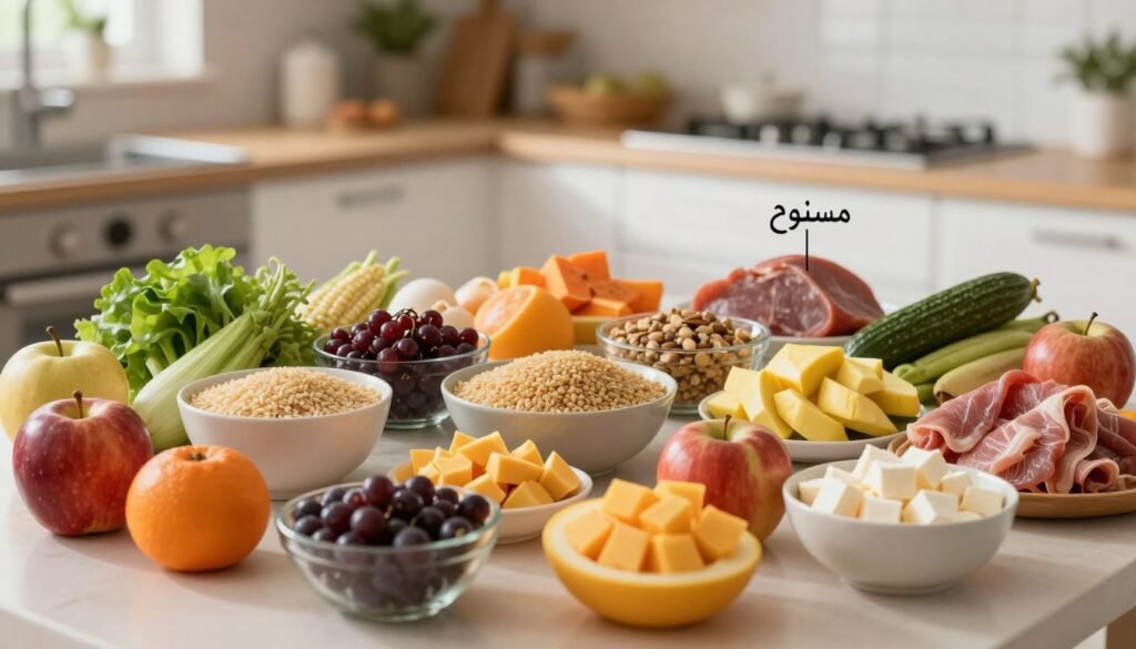 An aesthetically pleasing, high-resolution image showcasing a diverse selection of foods categorized as "مسموح" (permissible) and "ممنوع" (forbidden) according to نظام الطيبات. In the foreground, display a tasteful arrangement of vibrant fruits and wholesome foods, like colorful vegetables, whole grains, and lean proteins symbolizing the permissible foods. In contrast, in the middle ground, include a subtle representation of less healthy options, like processed foods and sugary treats, marked suggestively but distinctly separate from the healthy items. The background features a soft-focus kitchen environment with natural light streaming in, creating a warm and inviting atmosphere. Use a wide-angle lens perspective to give depth to the table setting, ensuring the image conveys a balanced view of the dietary guidelines in a calm and informative tone. An aesthetically pleasing, high-resolution image showcasing a diverse selection of foods categorized as "مسموح" (permissible) and "ممنوع" (forbidden) according to نظام الطيبات. In the foreground, display a tasteful arrangement of vibrant fruits and wholesome foods, like colorful vegetables, whole grains, and lean proteins symbolizing the permissible foods. In contrast, in the middle ground, include a subtle representation of less healthy options, like processed foods and sugary treats, marked suggestively but distinctly separate from the healthy items. The background features a soft-focus kitchen environment with natural light streaming in, creating a warm and inviting atmosphere. Use a wide-angle lens perspective to give depth to the table setting, ensuring the image conveys a balanced view of the dietary guidelines in a calm and informative tone.